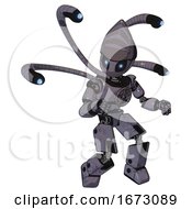 Poster, Art Print Of Bot Containing Grey Alien Style Head And Electric Eyes And Light Chest Exoshielding And Chest Valve Crank And Blue-Eye Cam Cable Tentacles And Prototype Exoplate Legs Light Lavender Metal