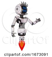 Poster, Art Print Of Cyborg Containing Digital Display Head And Hashtag Face And Eye Lashes Deco And Light Chest Exoshielding And Ultralight Chest Exosuit And Jet Propulsion White Halftone Toon Interacting