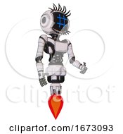 Poster, Art Print Of Cyborg Containing Digital Display Head And Hashtag Face And Eye Lashes Deco And Light Chest Exoshielding And Ultralight Chest Exosuit And Jet Propulsion White Halftone Toon Facing Left View