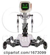 Poster, Art Print Of Mech Containing Old Computer Monitor And Angry Pixels Face And Red Buttons And Light Chest Exoshielding And No Chest Plating And Insect Walker Legs White Halftone Toon Front View