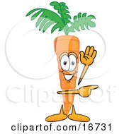 Clipart Picture Of An Orange Carrot Mascot Cartoon Character Waving And Pointing To The Right by Toons4Biz