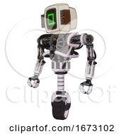 Poster, Art Print Of Cyborg Containing Old Computer Monitor And Pixel Square Design And Old Retro Speakers And Heavy Upper Chest And No Chest Plating And Unicycle Wheel White Halftone Toon