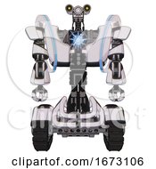 Poster, Art Print Of Mech Containing Dual Retro Camera Head And Simple Blue Telescopic Eye Head And Heavy Upper Chest And Heavy Mech Chest And Spectrum Fusion Core Chest And Tank Tracks White Halftone Toon Front View