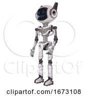 Poster, Art Print Of Android Containing Digital Display Head And Stunned Expression And Winglets And Light Chest Exoshielding And No Chest Plating And Ultralight Foot Exosuit White Halftone Toon Facing Right View