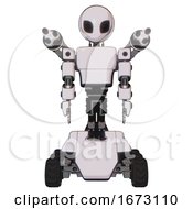 Mech Containing Grey Alien Style Head And Black Eyes And Light Chest Exoshielding And Prototype Exoplate Chest And Minigun Back Assembly And Six Wheeler Base White Halftone Toon Front View