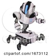 Poster, Art Print Of Automaton Containing Round Head And Large Vertical Visor And Heavy Upper Chest And Circle Of Blue Leds And Insect Walker Legs White Halftone Toon Fight Or Defense Pose