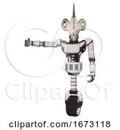 Poster, Art Print Of Mech Containing Bird Skull Head And Green Eyes And Light Chest Exoshielding And Ultralight Chest Exosuit And Unicycle Wheel White Halftone Toon Arm Out Holding Invisible Object