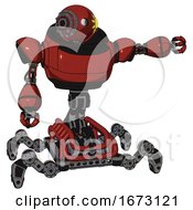 Bot Containing Oval Wide Head And Sunshine Patch Eye And Steampunk Iron Bands With Bolts And Heavy Upper Chest And Insect Walker Legs Cherry Tomato Red Pointing Left Or Pushing A Button