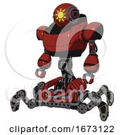 Bot Containing Oval Wide Head And Sunshine Patch Eye And Steampunk Iron Bands With Bolts And Heavy Upper Chest And Insect Walker Legs Cherry Tomato Red Standing Looking Right Restful Pose