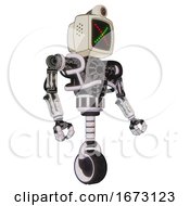 Poster, Art Print Of Cyborg Containing Old Computer Monitor And Colored X Display And Retro-Futuristic Webcam And Heavy Upper Chest And No Chest Plating And Unicycle Wheel White Halftone Toon Facing Left View