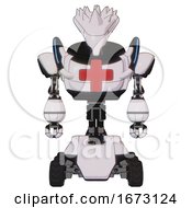 Poster, Art Print Of Robot Containing Flat Elongated Skull Head And Spikes And Heavy Upper Chest And First Aid Chest Symbol And Blue Strip Lights And Six-Wheeler Base White Halftone Toon Front View