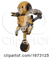 Poster, Art Print Of Automaton Containing Round Head And Light Chest Exoshielding And Prototype Exoplate Chest And Minigun Back Assembly And Unicycle Wheel And Cat Face Construction Yellow Halftone Facing Right View