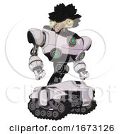 Poster, Art Print Of Bot Containing Bird Skull Head And Big Yellow Eyes And Crow Feather Design And Heavy Upper Chest And Chest Green Energy Cores And Tank Tracks White Halftone Toon Hero Pose