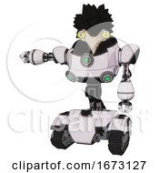 Poster, Art Print Of Bot Containing Bird Skull Head And Big Yellow Eyes And Crow Feather Design And Heavy Upper Chest And Chest Green Energy Cores And Tank Tracks White Halftone Toon Arm Out Holding Invisible Object