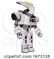 Poster, Art Print Of Bot Containing Flat Elongated Skull Head And Yellow Eyeball Array And Heavy Upper Chest And Chest Compound Eyes And Prototype Exoplate Legs White Halftone Toon Facing Left View