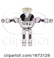 Poster, Art Print Of Bot Containing Flat Elongated Skull Head And Yellow Eyeball Array And Heavy Upper Chest And Chest Compound Eyes And Prototype Exoplate Legs White Halftone Toon T-Pose