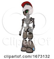 Mech Containing Grey Alien Style Head And Green Inset Eyes And Galea Roman Soldier Ornament And Helmet And Light Chest Exoshielding And No Chest Plating And Light Leg Exoshielding Patent Khaki Metal