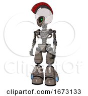 Poster, Art Print Of Mech Containing Grey Alien Style Head And Green Inset Eyes And Galea Roman Soldier Ornament And Helmet And Light Chest Exoshielding And No Chest Plating And Light Leg Exoshielding Patent Khaki Metal