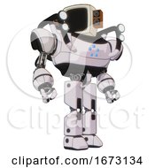 Poster, Art Print Of Robot Containing Old Computer Monitor And Old Retro Speakers And Heavy Upper Chest And Circle Of Blue Leds And Shoulder Headlights And Prototype Exoplate Legs White Halftone Toon Hero Pose
