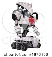Robot Containing Flat Elongated Skull Head And Spikes And Heavy Upper Chest And First Aid Chest Symbol And Blue Strip Lights And Six Wheeler Base White Halftone Toon Facing Left View