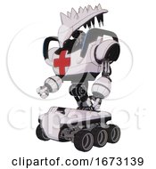 Poster, Art Print Of Robot Containing Flat Elongated Skull Head And Spikes And Heavy Upper Chest And First Aid Chest Symbol And Blue Strip Lights And Six-Wheeler Base White Halftone Toon Facing Right View