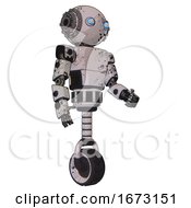 Bot Containing Oval Wide Head And Blue Eyes And Steampunk Iron Bands With Bolts And Light Chest Exoshielding And Prototype Exoplate Chest And Unicycle Wheel Grunge Sketch Dots Facing Left View