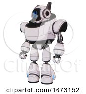 Poster, Art Print Of Bot Containing Digital Display Head And Three Vertical Line Design And Winglets And Heavy Upper Chest And Light Leg Exoshielding White Halftone Toon Standing Looking Right Restful Pose