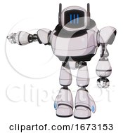 Poster, Art Print Of Bot Containing Digital Display Head And Three Vertical Line Design And Winglets And Heavy Upper Chest And Light Leg Exoshielding White Halftone Toon Arm Out Holding Invisible Object