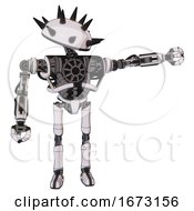 Poster, Art Print Of Automaton Containing Thorny Domehead Design And Heavy Upper Chest And No Chest Plating And Ultralight Foot Exosuit White Halftone Toon Pointing Left Or Pushing A Button