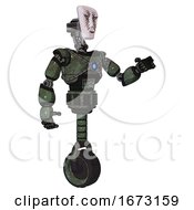 Poster, Art Print Of Android Containing Humanoid Face Mask And War Paint And Light Chest Exoshielding And Blue Energy Core And Unicycle Wheel Old Corroded Copper Interacting