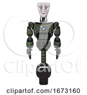 Poster, Art Print Of Android Containing Humanoid Face Mask And War Paint And Light Chest Exoshielding And Blue Energy Core And Unicycle Wheel Old Corroded Copper Front View