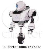 Poster, Art Print Of Cyborg Containing Dual Retro Camera Head And Power Symbol Head And Heavy Upper Chest And Triangle Of Blue Leds And Unicycle Wheel White Halftone Toon Standing Looking Right Restful Pose