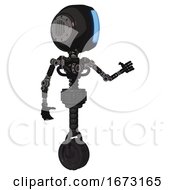 Poster, Art Print Of Android Containing Round Head And Large Vertical Visor And Light Chest Exoshielding And No Chest Plating And Unicycle Wheel Dirty Black Interacting