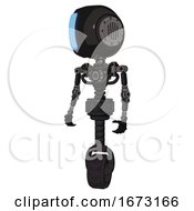 Poster, Art Print Of Android Containing Round Head And Large Vertical Visor And Light Chest Exoshielding And No Chest Plating And Unicycle Wheel Dirty Black Standing Looking Right Restful Pose