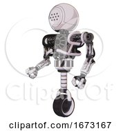 Poster, Art Print Of Cyborg Containing Dots Array Face And Heavy Upper Chest And No Chest Plating And Unicycle Wheel White Halftone Toon Facing Right View