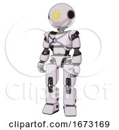 Poster, Art Print Of Droid Containing Oval Wide Head And Sunshine Patch Eye And Light Chest Exoshielding And Blue Energy Core And Prototype Exoplate Legs White Halftone Toon Standing Looking Right Restful Pose