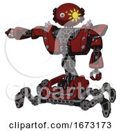 Poster, Art Print Of Robot Containing Oval Wide Head And Sunshine Patch Eye And Heavy Upper Chest And Heavy Mech Chest And Shoulder Spikes And Insect Walker Legs Matted Red Arm Out Holding Invisible Object
