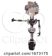 Robot Containing Bird Skull Head And Red Led Circle Eyes And Bird Feather Design And Light Chest Exoshielding And No Chest Plating And Unicycle Wheel Gray Metal Arm Out Holding Invisible Object