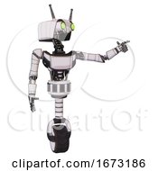 Poster, Art Print Of Bot Containing Dual Retro Camera Head And Cyborg Antenna Head And Light Chest Exoshielding And Ultralight Chest Exosuit And Unicycle Wheel White Halftone Toon Pointing Left Or Pushing A Button