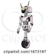 Poster, Art Print Of Bot Containing Dual Retro Camera Head And Cyborg Antenna Head And Light Chest Exoshielding And Ultralight Chest Exosuit And Unicycle Wheel White Halftone Toon Facing Right View