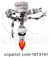 Poster, Art Print Of Robot Containing Dual Retro Camera Head And Cube Array Head And Light Chest Exoshielding And Minigun Back Assembly And No Chest Plating And Jet Propulsion White Halftone Toon