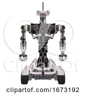 Poster, Art Print Of Droid Containing Dual Retro Camera Head And Reversed Fin Head And Heavy Upper Chest And No Chest Plating And Six-Wheeler Base White Halftone Toon Front View