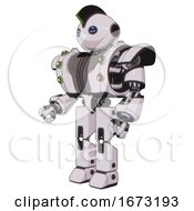 Poster, Art Print Of Automaton Containing Oval Wide Head And Blue Led Eyes And Techno Mohawk And Heavy Upper Chest And Heavy Mech Chest And Green Cable Sockets Array And Prototype Exoplate Legs White Halftone Toon