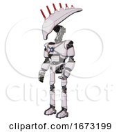 Poster, Art Print Of Droid Containing Flat Elongated Skull Head And Light Chest Exoshielding And Blue Energy Core And Ultralight Foot Exosuit White Halftone Toon Facing Right View
