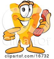 Poster, Art Print Of Wedge Of Orange Swiss Cheese Mascot Cartoon Character Pointing To And Holding A Red Phone