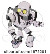 Poster, Art Print Of Droid Containing Round Head And Large Yellow Eyes And Heavy Upper Chest And Chest Compound Eyes And Light Leg Exoshielding And Megneto-Hovers Foot Mod White Halftone Toon Fight Or Defense Pose