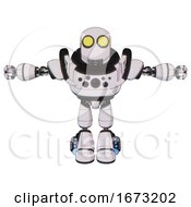 Poster, Art Print Of Droid Containing Round Head And Large Yellow Eyes And Heavy Upper Chest And Chest Compound Eyes And Light Leg Exoshielding And Megneto-Hovers Foot Mod White Halftone Toon T-Pose