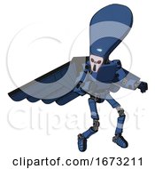 Poster, Art Print Of Mech Containing Flat Elongated Skull Head And Light Chest Exoshielding And Prototype Exoplate Chest And Pilots Wings Assembly And Ultralight Foot Exosuit Blue Halftone Fight Or Defense Pose