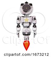 Poster, Art Print Of Bot Containing Green Dot Eye Corn Row Plastic Hair And Light Chest Exoshielding And Yellow Star And Jet Propulsion White Halftone Toon Front View