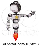 Poster, Art Print Of Bot Containing Green Dot Eye Corn Row Plastic Hair And Light Chest Exoshielding And Yellow Star And Jet Propulsion White Halftone Toon Pointing Left Or Pushing A Button